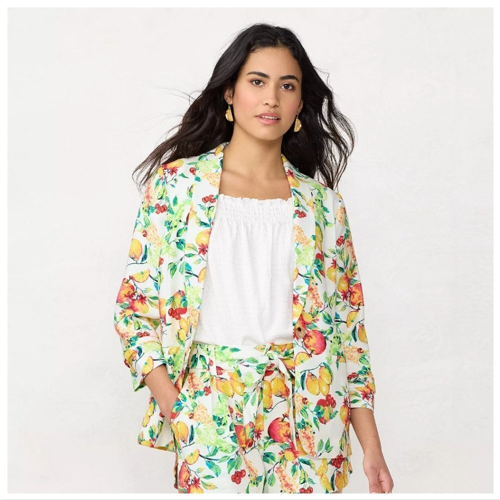 Lauren Conrad women's ruched-sleeve Fruit Floral‎ Print blazer Size Medium NWT